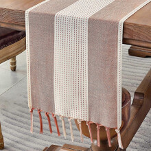 Vintage Red Cotton Linen Table Runner 180cm with Hand-Tassels