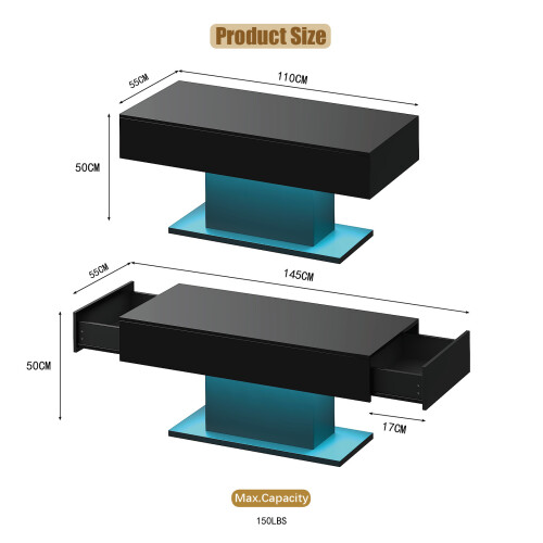 Black Led Coffee Table with 2 Storage Drawers 1