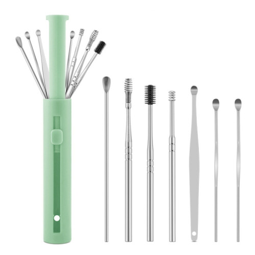 Packs Push-Pull Cylinder Storage Ear Scoop Set, Specification: 7 PCS/Set Green