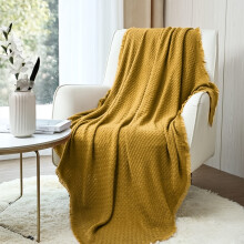 (Caramel, 127.0*152.4cm) Throw Blanket Soft Acrylic Frayed Edge Blanket for Couch Bed 127.0x152.4cm