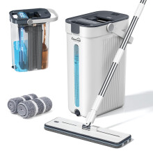 Cleansage HydraPro Flat Mop and Buckets Sets – True Clean/Dirty Water Separation System with 3 Microfibre Heads, 360 Swivel, Edge Squeegee, Floor Ti