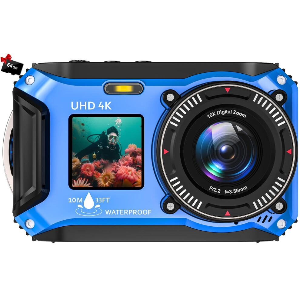 Digital Camera, Yixinxin Underwater Camera 4K 64Mp Autofocus Dual-Screen Selfie With 32Gb Card 33Ft Waterproof Camera For Snorkeling Point And Shoot D 717504969381