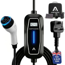 EV Charger Type 2 to 3 Pin Plug 10M | Ampwerk 2.3kW 10A Portable EV Charger Cable IP65 | 8-Hour Timer & Safety Protection | Carry Bag Included | Desi