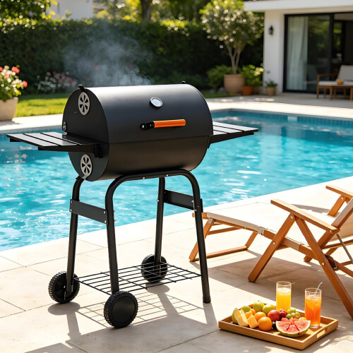 Charcoal BBQ Barrel Grill Smoker with Wheels 1