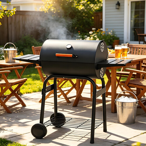 Charcoal BBQ Barrel Grill Smoker with Wheels
