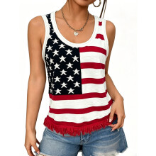 (S, Multicolor) Women America Flag Tank Tops Knit Scoop Neck Sleeveless Tassel Hem Summer Vest for 4th of July