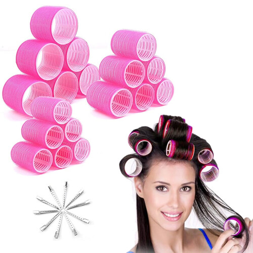Conjunto de 18 peças de rolos de cabelo autoaderentes com 10 presilhas.
