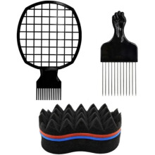 Afro-kam - Niet gespecificeerd - 3-delig - 2 zwarte kammen - Zwarte spons - Voor krullend haar