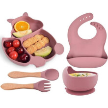 Babyservies met zuignap, 5-delige siliconen serviesset voor meisjes, antislip kommen en borden, roze