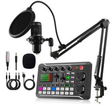 Kit de micrófono de condensador con brazo y tarjeta de sonido – Ideal para podcasting, streaming, videojuegos, F998+ Negro