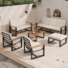 Conjunto de jardín de 7 piezas, 3 sofás y mesa de centro, tablero de madera de acacia, diseño minimalista, acero galvanizado, colo
