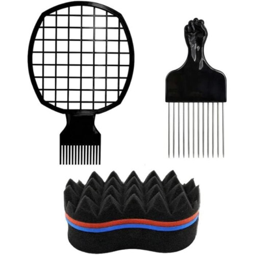 Χτένα Afro - Απροσδιόριστη - 3 τεμάχια - 2 μαύρες χτένες - Μαύρο σφουγγάρι - Για