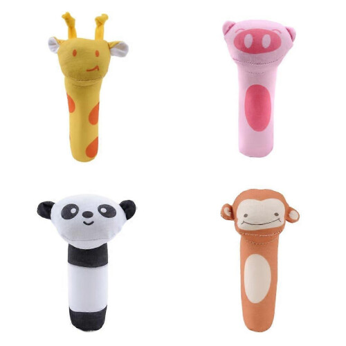4er-Set Plüschtiere mit Handrasseln für Babys – Giraffe, Affe, Schwein, Panda