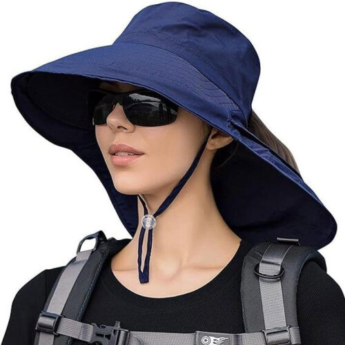 Solhatt - Dam - Vikbar - UV-skydd - Bred brätte - Blå polyester
