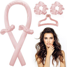 Värmelöst hårband med locktång, satinset för värmefria lockar över natten, rosa, 1-pack