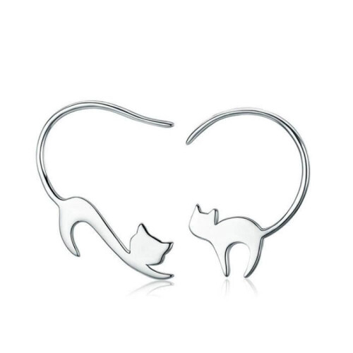 Orecchini con ciondolo alla moda - Forma di gatto - Argento - Mezzo cerchio - 22x30 mm 1