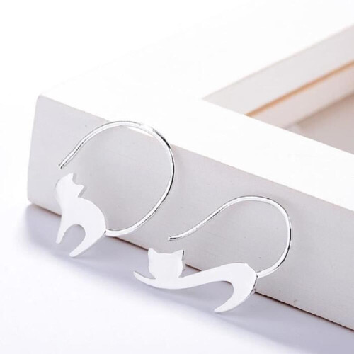 Orecchini con ciondolo alla moda - Forma di gatto - Argento - Mezzo cerchio - 22x30 mm 2