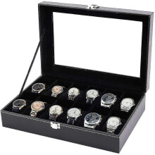 Mens Watch Box for 12 Watches, Jewelry Showcase, Watch Case with Glass Lid