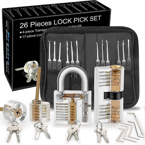 Lock Picking Kit, 26-piece Lock Picking Kit, Practice Tools with 4 Clear Locks