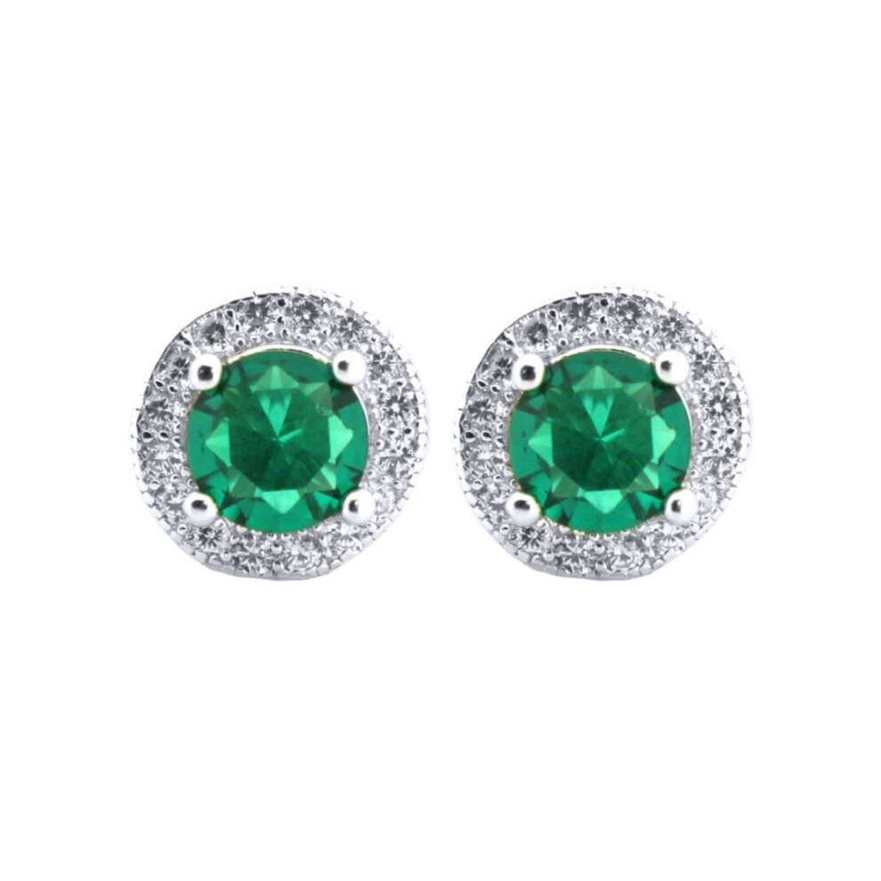 Jewelco London Rhodium Silver Green Round Brilliant Cz Circle Halo Solitaire Cluster Stud Earrings - Aes219g