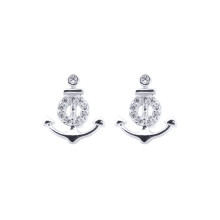 Jewelco London Rhodium Silver Round CZ Anchor and Life Buoy Stud Earrings - AES200