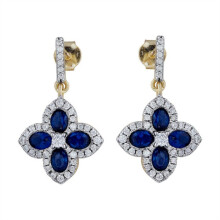 Jewelco London 14k Gold-plated Silver Blue Oval CZ Pointed Quatrefoil Clover Hanging Drop Earrings - AES226B