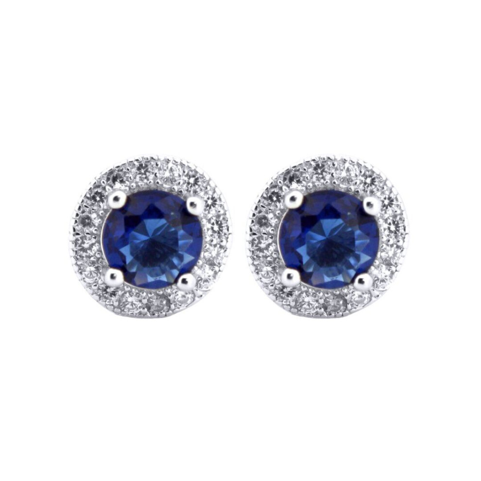 Jewelco London Rhodium Silver Blue Round Brilliant Cz Circle Halo Solitaire Cluster Stud Earrings - Aes219b
