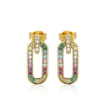Jewelco London 14k Gold-plated Silver Rainbow Round Brilliant CZ Paperclip Oval Halo Drop Earrings - AES240