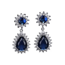 Jewelco London Rhodium Silver Blue Pear CZ Double Cluster Drop Earrings - AES191