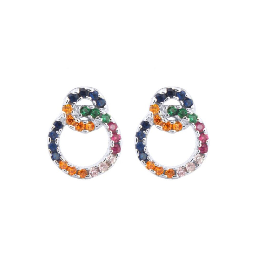 Jewelco London Rhodium Rainbow Round Brilliant Cz Interlocking Halo Rings Stud Earrings - Aes201 Silver
