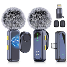 Microfone de lapela sem fio compatível com iPhone e Android, 2 unidades, com cancelamento de ruído e visor de LED.