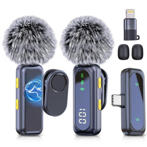 Microfone de lapela sem fio compatível com iPhone e Android, 2 unidades, com cancelamento de ruído e visor de LED.