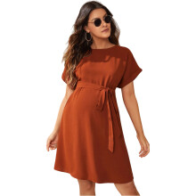 Stylish Maternity Gown Short Sleeved Crewneck High-brick red XL