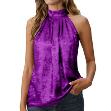 Women's Metallic Sleeveless Pleated Elegant Top Casual-Purple S
