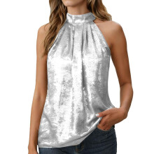 Women's Metallic Sleeveless Pleated Elegant Top-White XXL