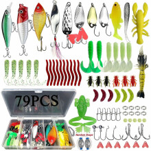 79pcs Fishing Lures Kit for Bass, Trout, Salmon – Topwater Jigs, Minnows, Poppers, Spoons, Soft Worms – Compatible with All Rods