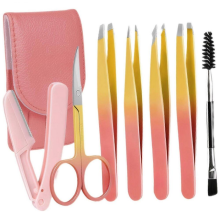 Wenkbrauwpincetset van roestvrij staal, precisie-verzorgingstools met leren reisetui, roze.