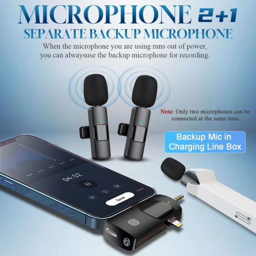 Microfone de lapela sem fio 3 em 1 compatível com iPhone, iPad, Android e câmeras. 1