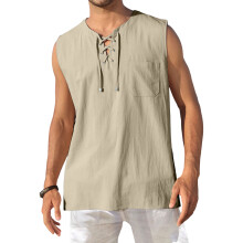 Men's Tank Top Shirts Casual Sleeveless Lace Up Beach-Khaki 4XL