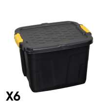 6 Pack of 42L Heavy Duty Lockable & Stackable Storage Tub Chest with Clips in Black