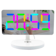 (white) Dazzle RGB Large Screen Mirror Alarm Clock With Wireless Charging Night Light LED Digital Clock Desktop Electronic Seat Clock