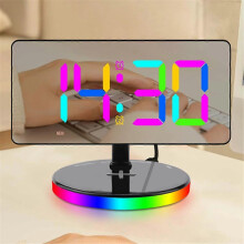 (black) Dazzle RGB Large Screen Mirror Alarm Clock With Wireless Charging Night Light LED Digital Clock Desktop Electronic Seat Clock