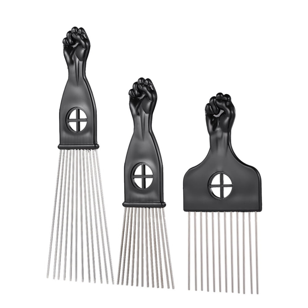 Unisex Black 3 Metal Afro Combs With Fist Handles