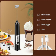 (black) Electric Milk Frother Double Whisk Handheld Coffee Foam Mixer USB Rechargeable