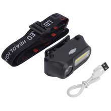 Multifunctionele hoofdlamp met USB-oplaadfunctie voor buiten, ideaal voor kamperen, vissen en fietsen.