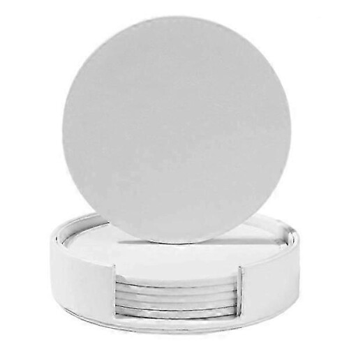 White Coasters White PU Leather 6-Pack with Holder white. Stylish coasters to