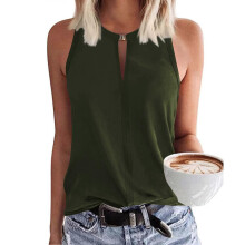 Women Round Neck Tank Top Front Button Pure Color Summer Sleeveless Vest for Daily Wear OD Green M