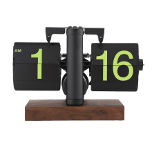 Digital Flip Clock 12h Single Sided Large Numbers Automatic Retro Mechanical Flip Clock Wood Base for Living Room Frosted Black Frame Green Page