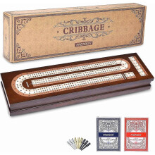 Wooden Cribbage Board Game Set with Magnetic Lock - Metal Pegs - 2 Playing Cards