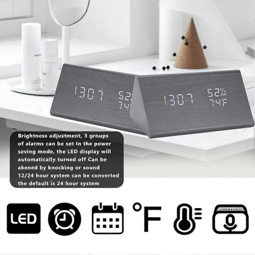Digital LED Wood Desk Clock Voice Control Triangular Temp Humidity Alarm White Light 2